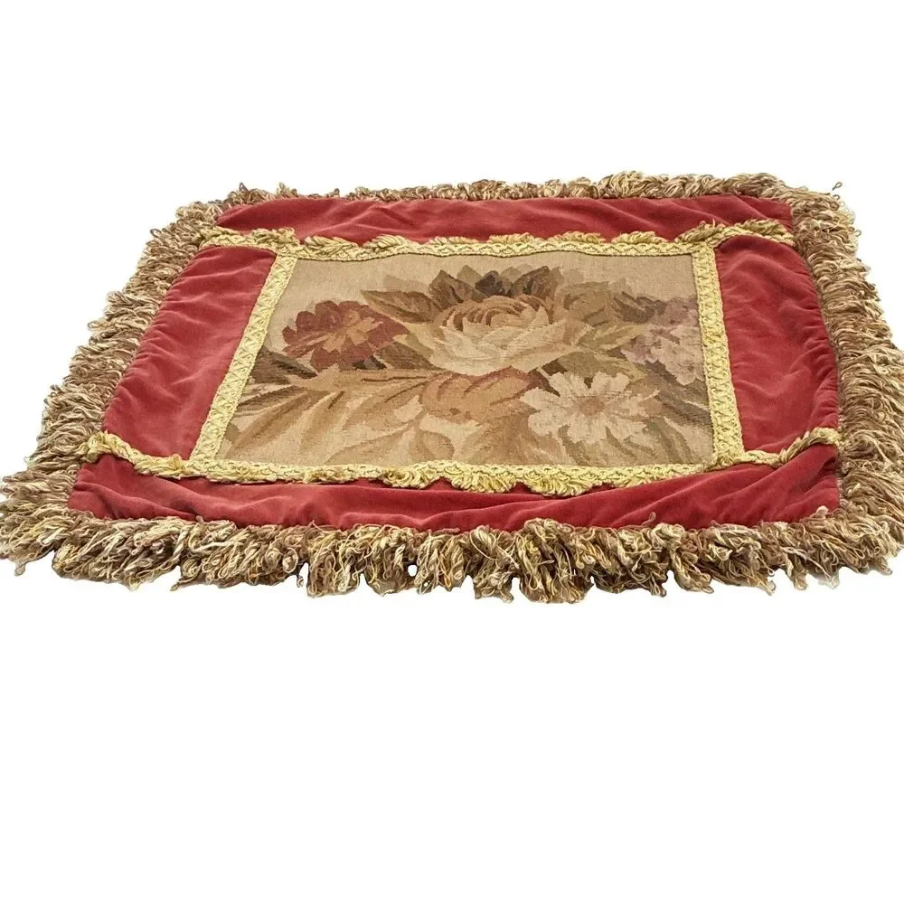 Vintage Velvet Floral Square Decorative Pillow Case Red/Gold Fringe Zipper
